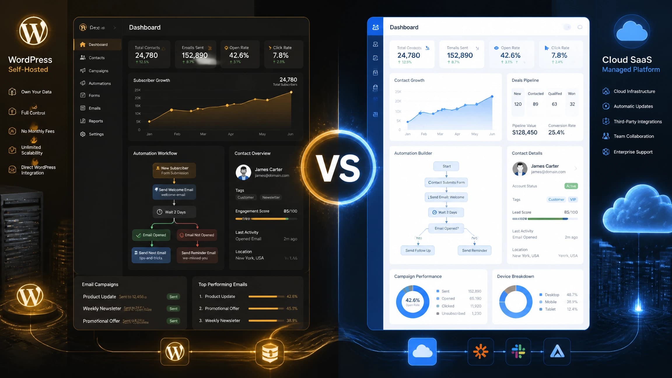 Split screen dashboard comparison of two email CRM platforms on a laptop screen