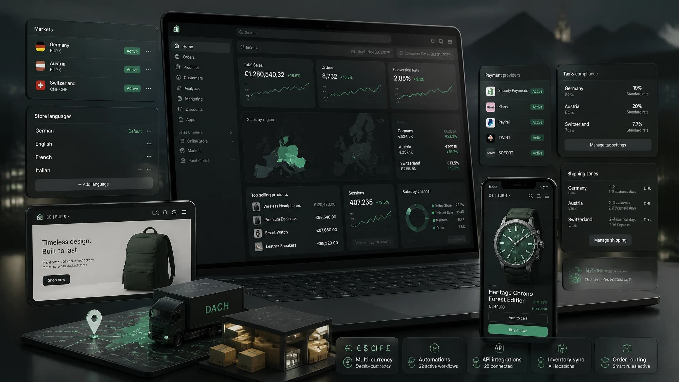 E-commerce merchant in Europe reviewing Shopify dashboard on laptop with analytics charts