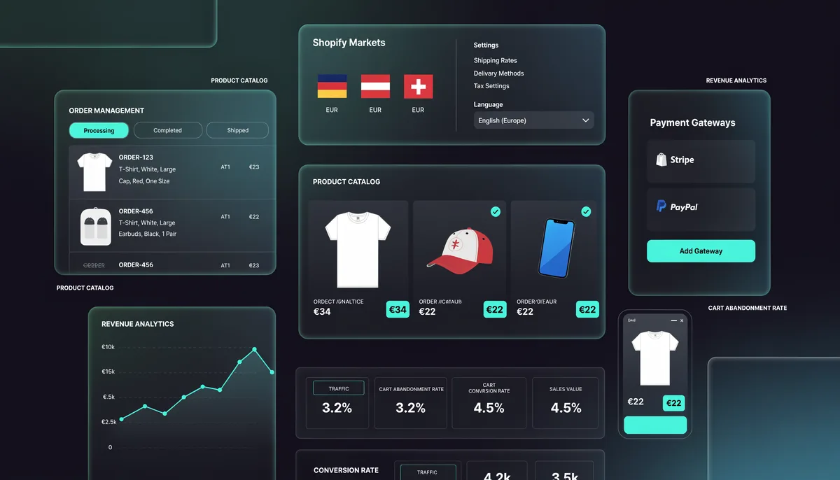 Multilingual e-commerce dashboard showing German, Austrian, and Swiss store translations side by side