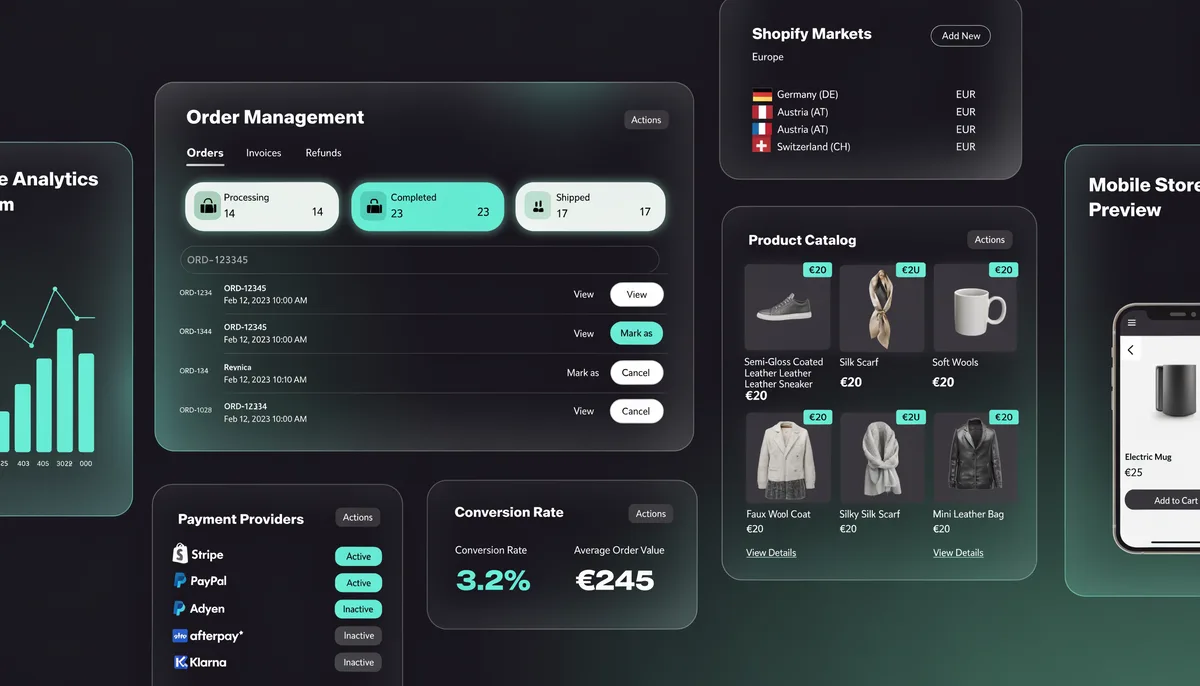 Laptop showing a Shopify store dashboard with German language settings and app integrations