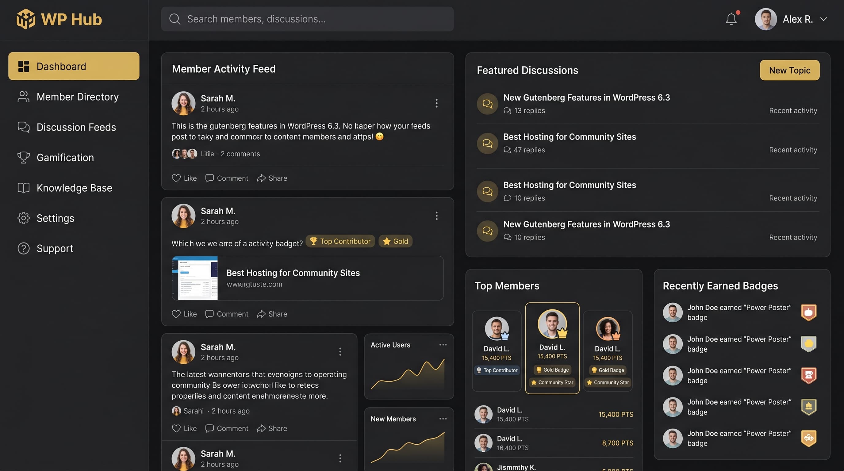 Dashboard of a modern WordPress community platform showing member profiles and discussion feeds