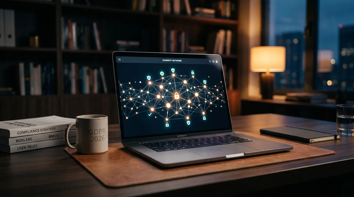 WordPress dashboard with cookie consent banner and data privacy settings on a laptop screen
